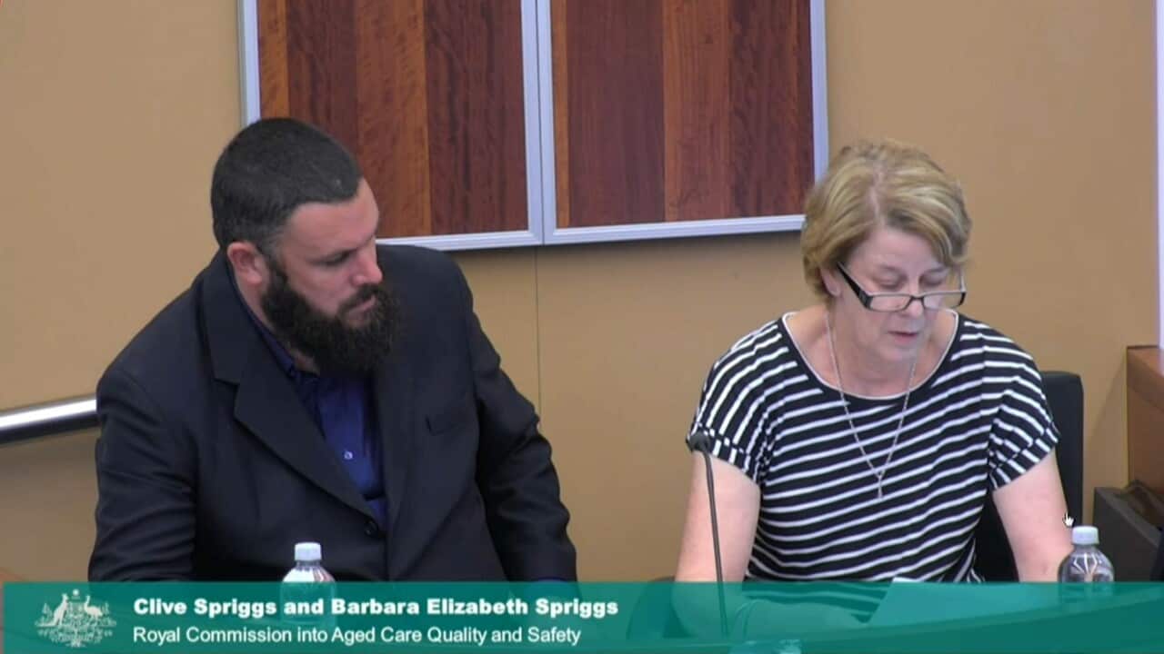 Barbara Spriggs and her son, Clive, give evidence at the aged care royal commission.