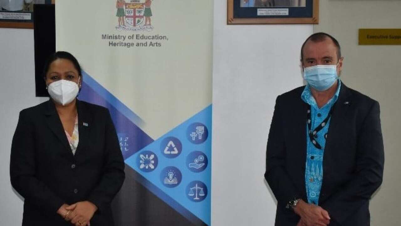 Fiji's Education Minister Premila Kumar with Australian High Commissioner John Feakes (right).