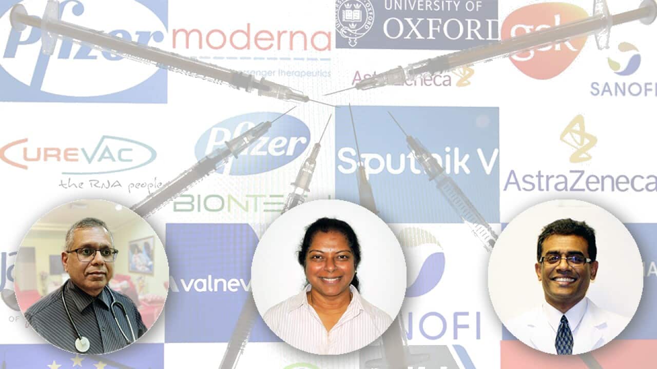 Medical syringes and logos of various companies working on Covid-19 vaccine. Insets: Drs Balasingham Mohandas (L); Shanthini Ilanko; and Francis Constantine (R)