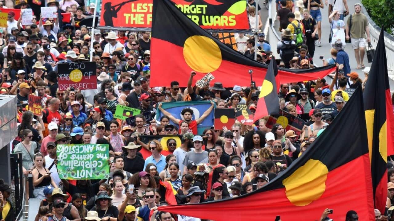In Brisbane, Aboriginal activists rally to call for an end to the celebration of Australia Day on January 26 (AAP).