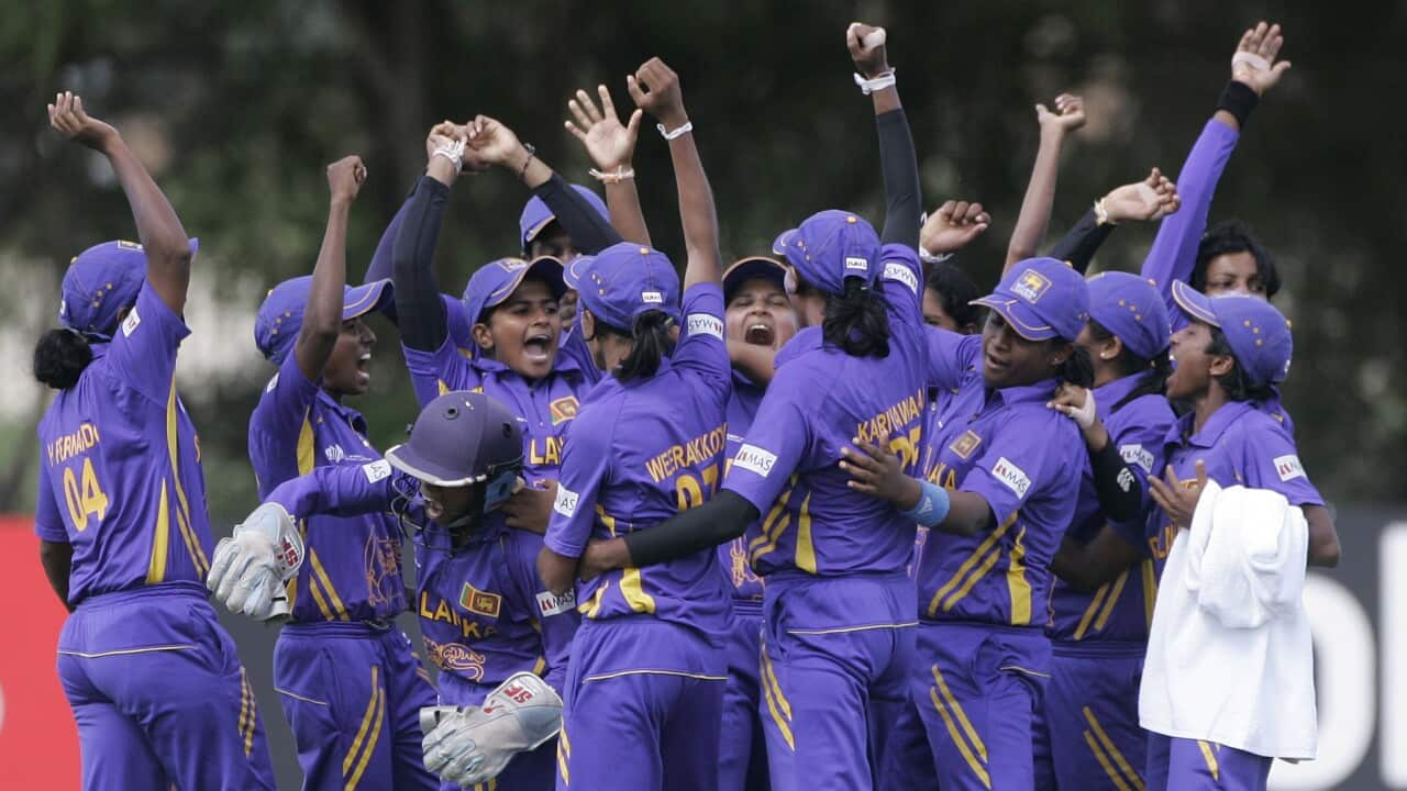 Sri Lanka cricketers celebrates taking the wicket of India's Anagha Deshpande during their match in the ICC Womens World Cup cricket in Sydney, Australia, Thursday, March 12, 2009. (AP Photo/Rob Griffith)