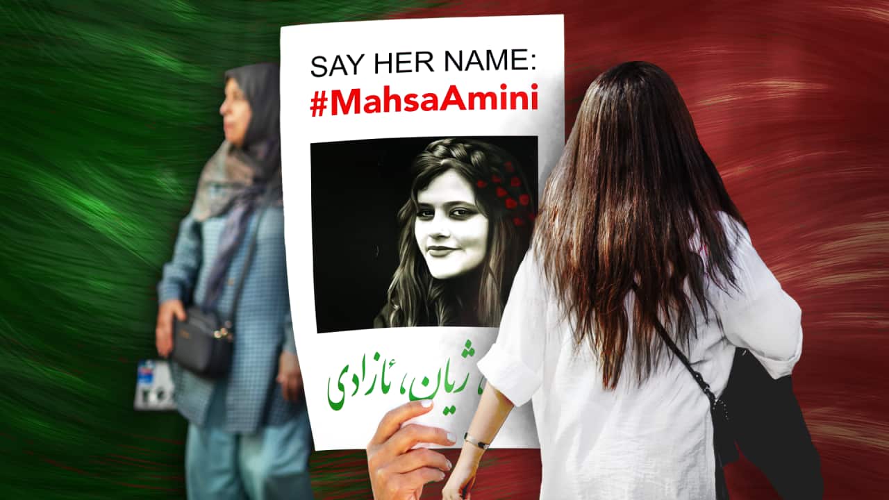 Graphic art of an older woman in a blue outfit and headscarf facing the camera and a woman with long dark hair and wearing a white t-shirt facing away from the camera. In the middle is a protest poster with the words: Say Her Name: #MahsaAmini.