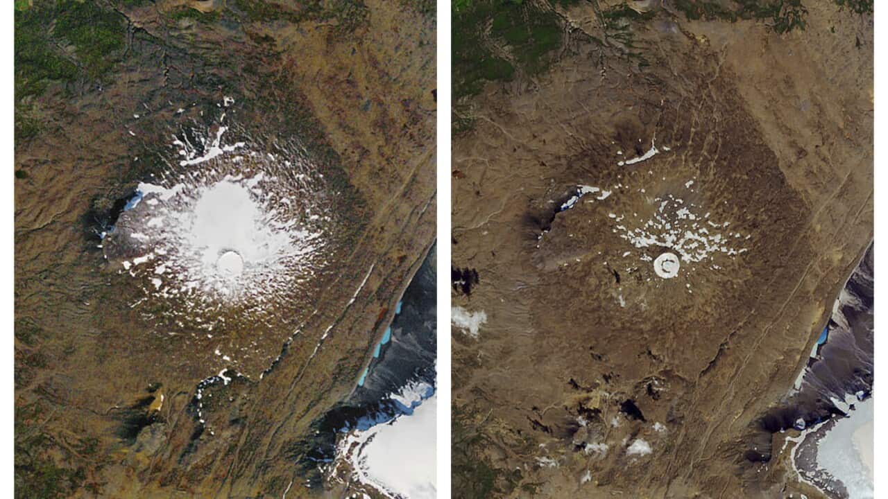 NASA photos show the shrinking of the Okjokull glacier on the Ok volcano in west-central Iceland.