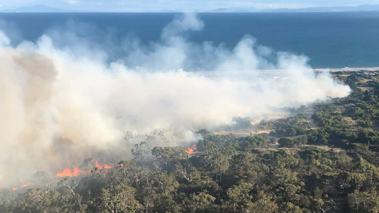 A bushfire burns near Dolphin Sands on Tasmania's east coast.