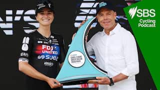 GEELONG, AUSTRALIA - JANUARY 31: Ally Wollaston of New Zealand and Team FDJ United - SUEZ celebrates at podium as race winner with Ex-professional cyclist, Cadel Evans during the 10th Mapei Cadel Evans Great Ocean Road Race 2026, Women's Elite a 141.2km one day race from Geelong to Geelong / #UCIWWT / on January 31, 2026 in Geelong, Australia. (Photo by Con Chronis/Getty Images)