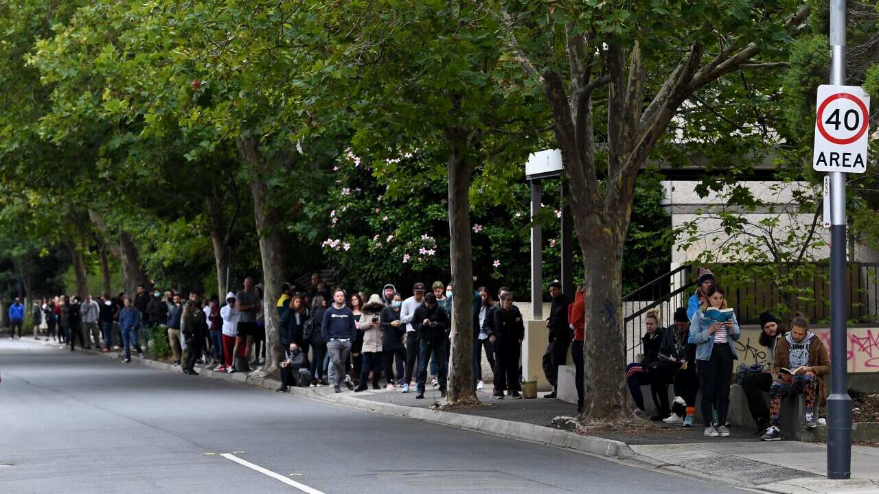People lining up on pavement next to a road.