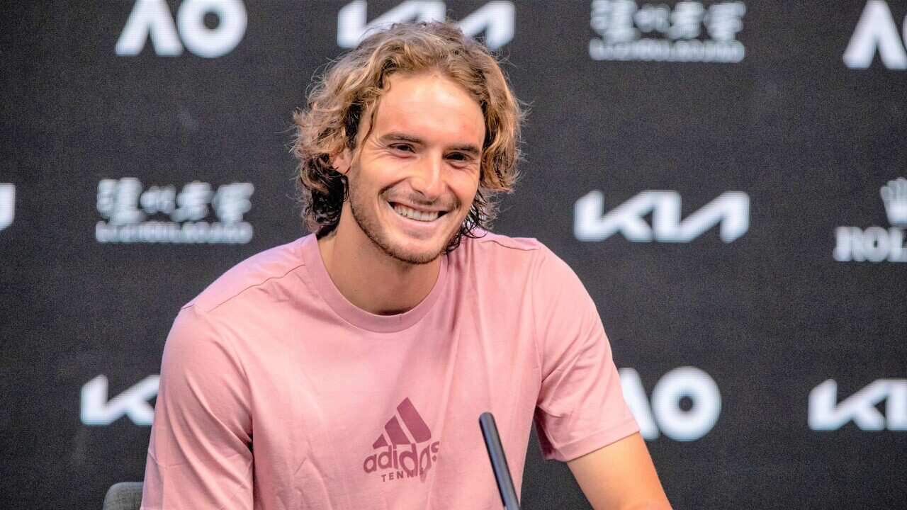 Stefanos Tsitsipas of Greece reacts during a press conference ahead of the Australian Open tennis championships in Melbourne, Australia, Sat, Jan. 15, 2022.