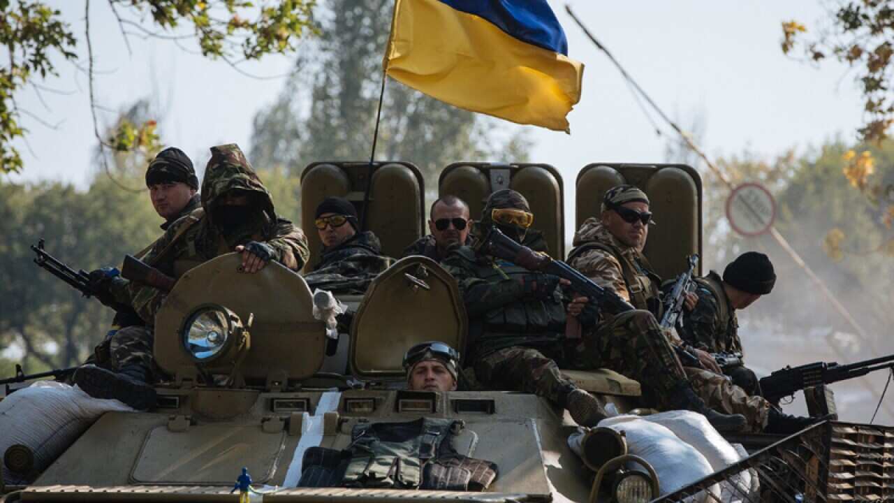 Ukrainian soldiers on an armoured personnel carrier