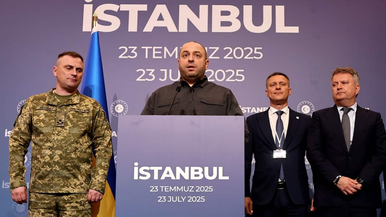 Ukraine's Rustem Umerov addresses media following peace talks in Istanbul (AAP)