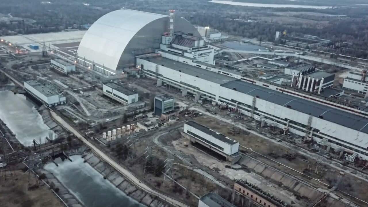 A still image taken from a handout video made available by the Russian Defence Ministry press service shows a general view of the Chernobyl Nuclear Power Plant in Pripyat, Ukraine.