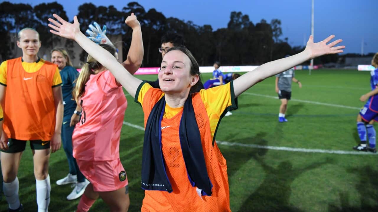 Nicole Christodoulou celebrates the ParaMatildas' victory in the 2023 IFCPF Asia-Oceania Championships final