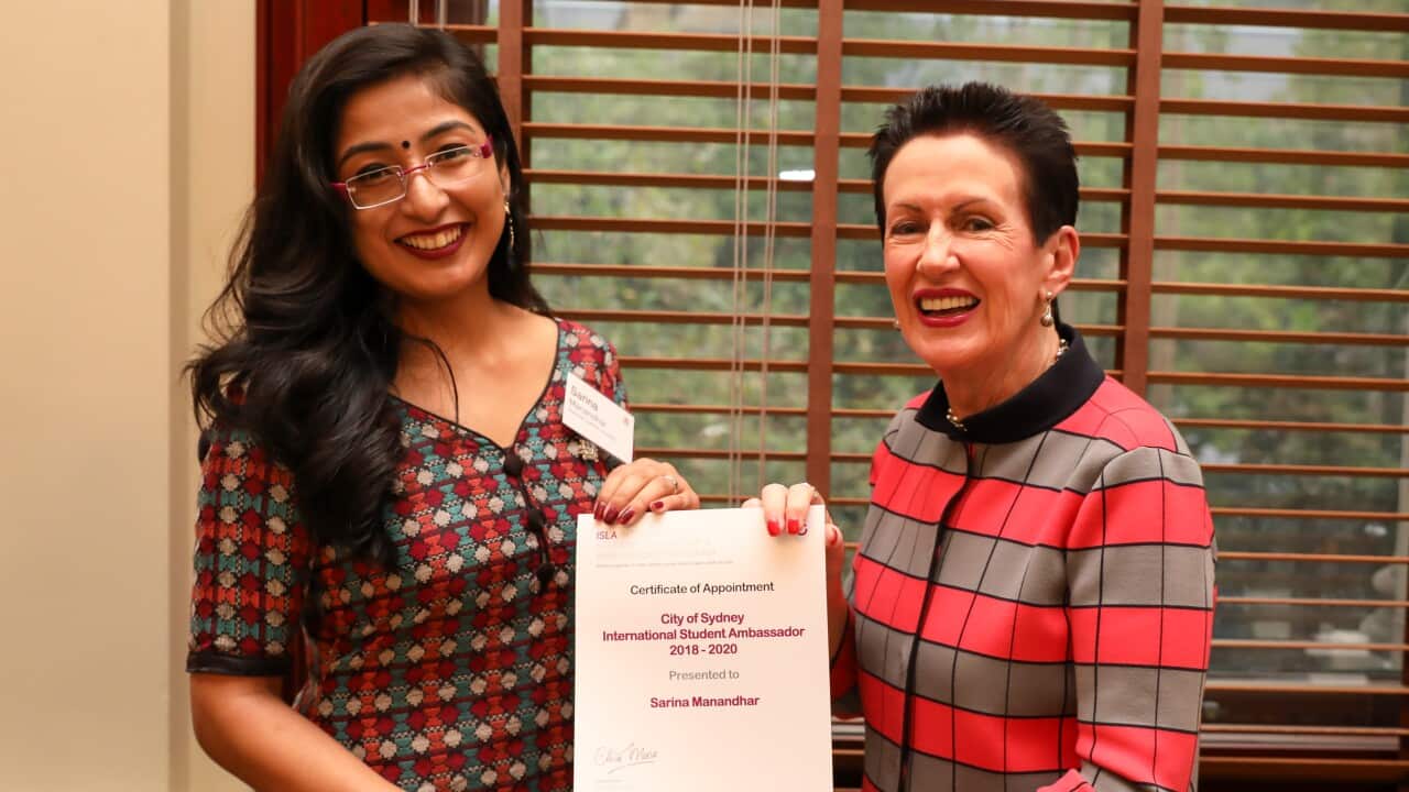 Town Hall, Sydney 12th March 2019. International Student Leadership Ambassador 2018-20 Program Induction Ceremony held at Town Hall. Sarina Manandhar with Sydney Lord Mayor Clover Moore.