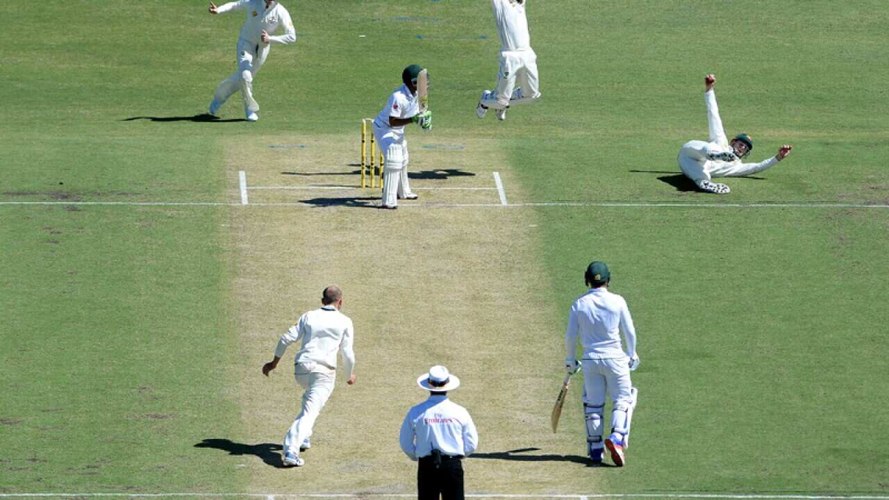 Australia's Shaun Marsh (right) celebrates after taking a catch