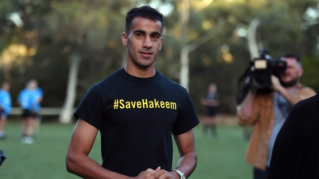 Footballer and refugee Hakeem Al Araibi at a friendly soccer match at the playing fields at Parliament House in Canberra, Thursday, February 14, 2019. (AAP Image/Mick Tsikas) NO ARCHIVING