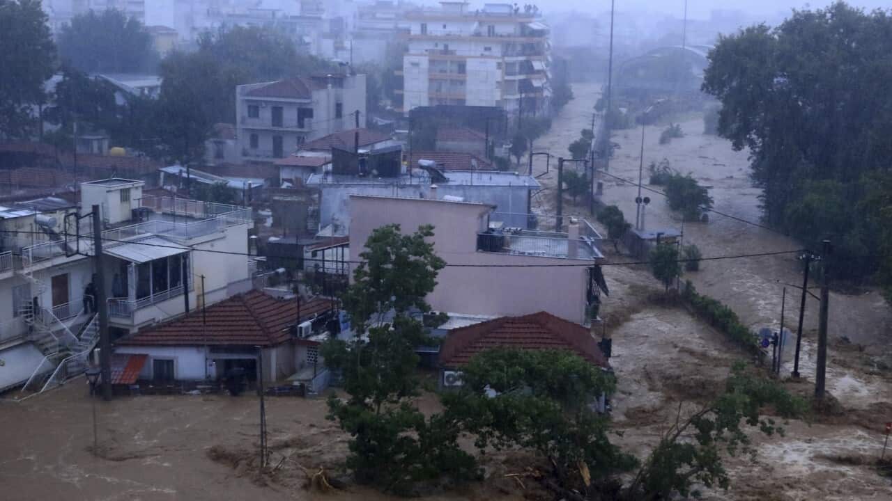 Floodwaters cover an area in the town of Volos (AAP)