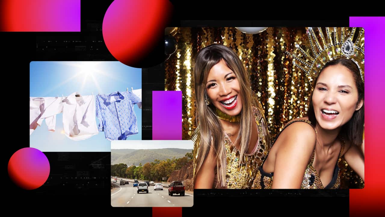 Montage of photos, clothes drying on a line, cars on the road and two women dressed in gold