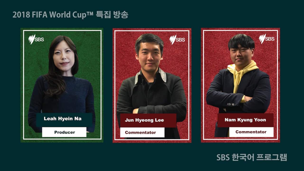 SBS Korean program's Russia World Cup panel in Sydney, Jun Lee and Bryant Yoon with SBS producer Leah Na