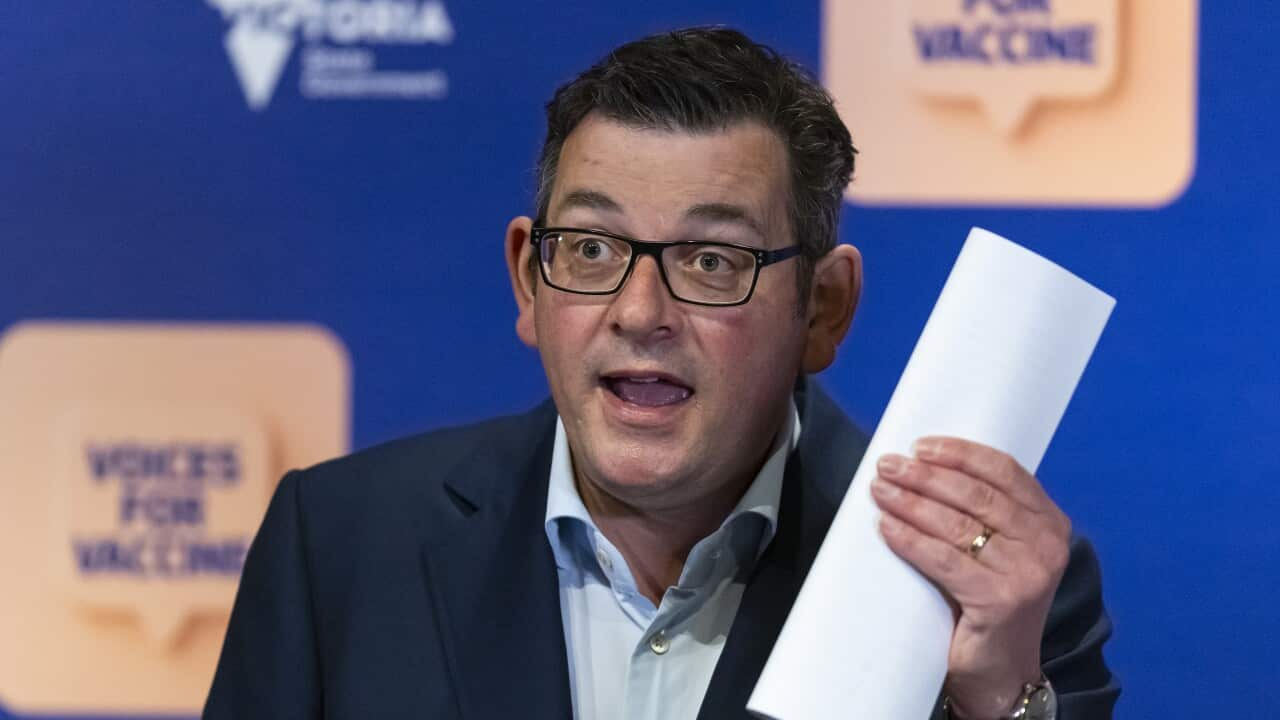 Victorian Premier Daniel Andrews speaks during a press conference in Melbourne, Sunday, September 19, 2021. Victoria has recorded 507 new cases of COVID-19 and unveiled its road map out of lockdown. (AAP Image/Daniel Pockett) NO ARCHIVING