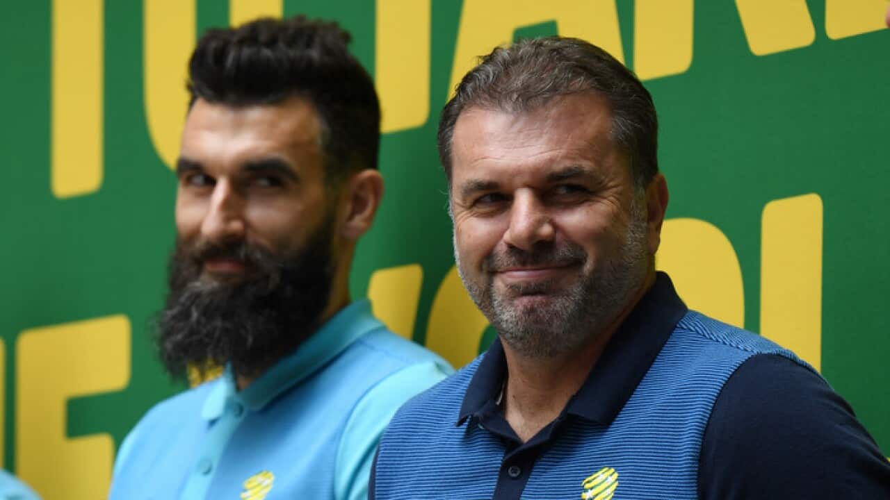 Australian Socceroos during a public celebration event for his team in Martin Place in Sydney, Thursday, November 16, 2017.