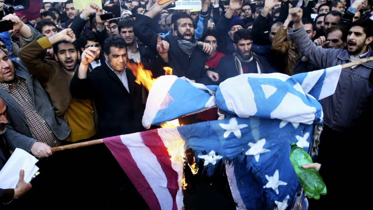 Iranian demonstrators protest following the Charlie Hebdo attacks