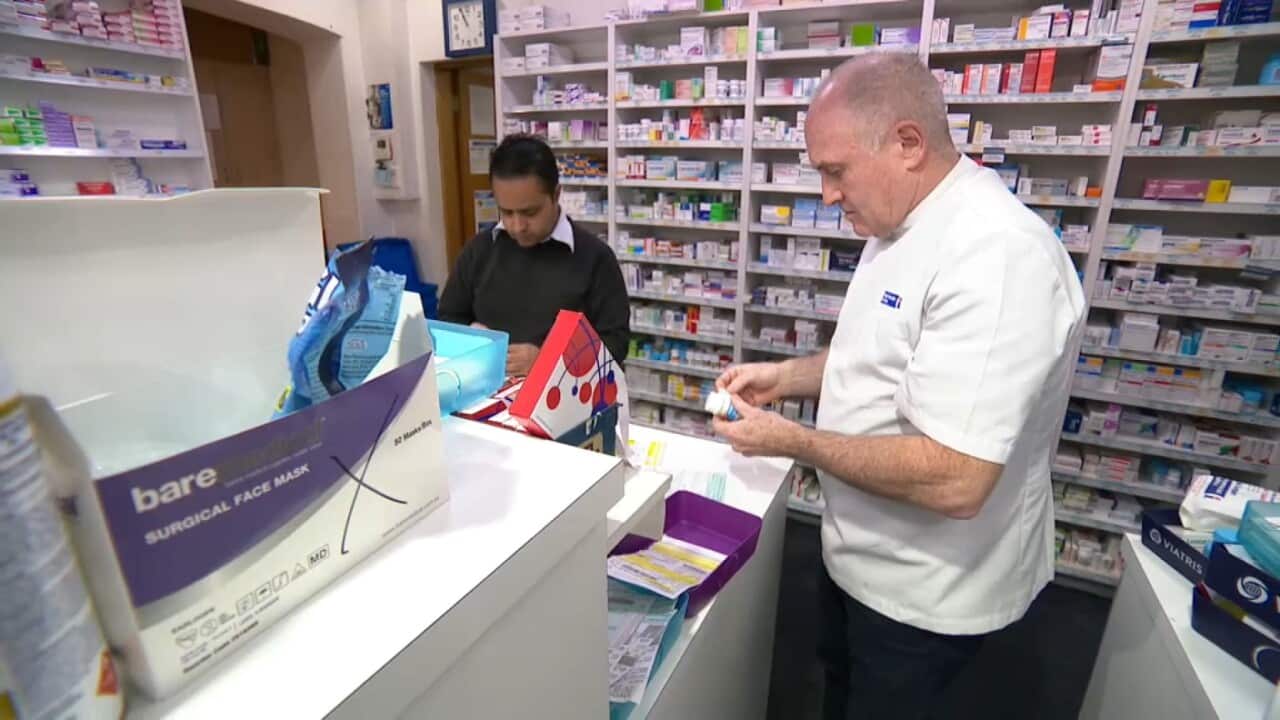 Pharmacist Nick Logan and one of his staff at his Artarmon chemist (SBS).jpg