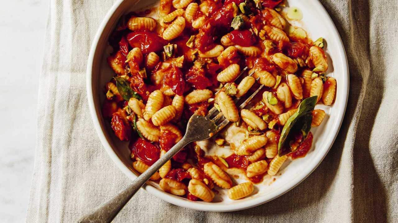 Cavatelli with roasted cherry tomatoes and pistachios