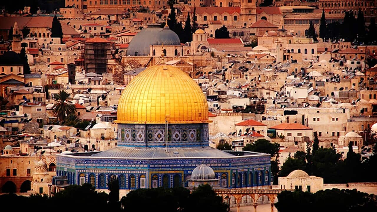 Golden dome of temple against city, palestine