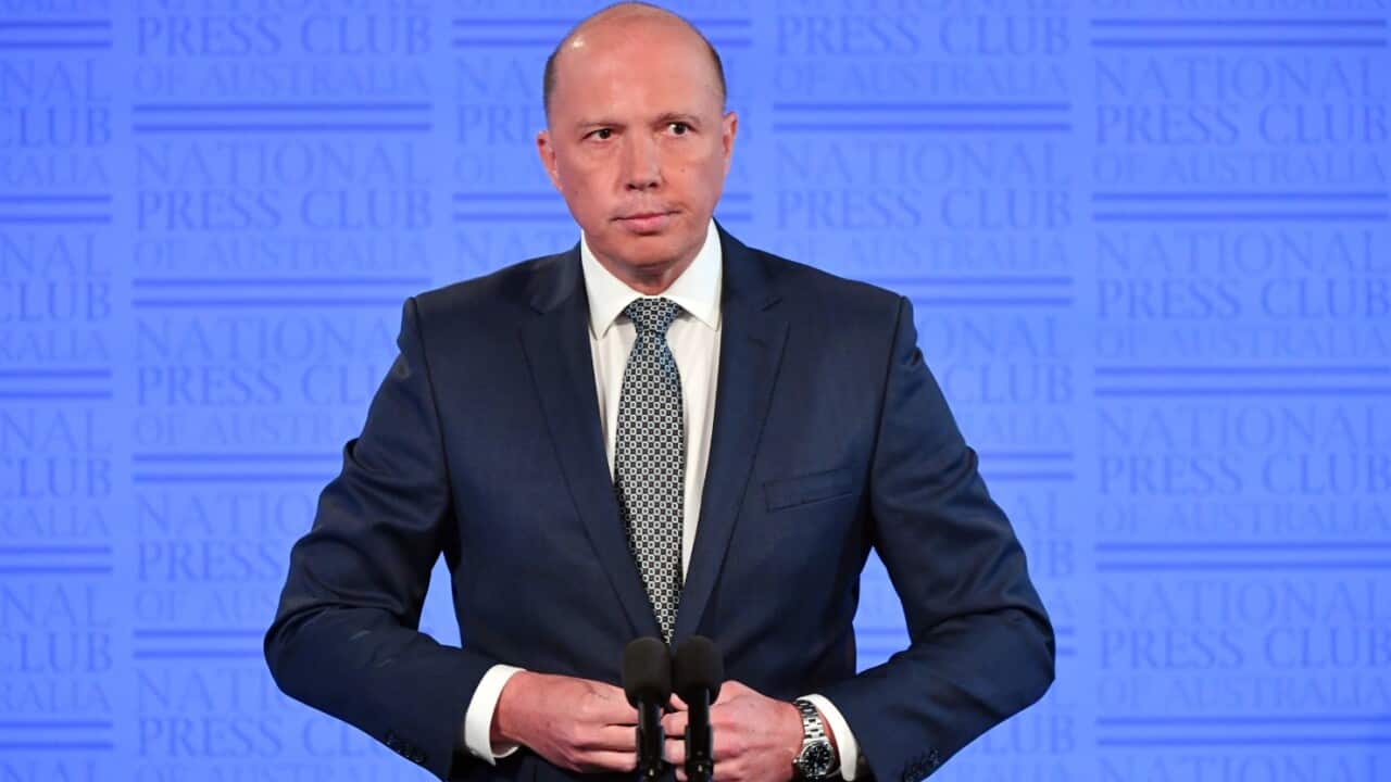 Minister for Home Affairs Peter Dutton is seen during his appearance at the National Press Club in Canberra, Wednesday, February 21, 2018. 