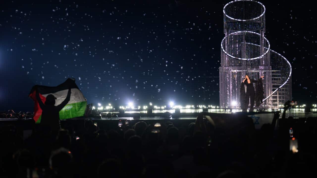 A woman singing on a stage, while in the audience below a person waves a Palestinian flag.