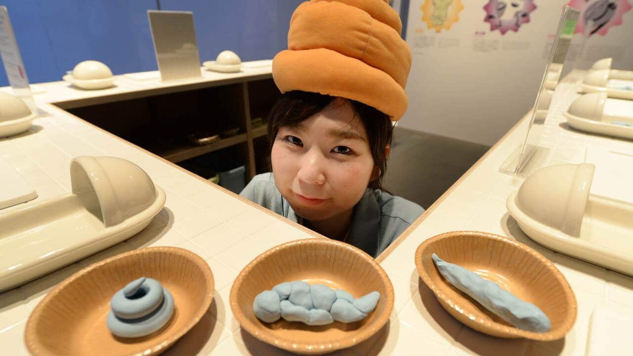 A staff member wearing a poo-shaped hat poses at a toilet exhibition at the National Museum of Emerging Science and Innovation in Tokyo on July 9, 2014. The exhibition aims to educate visitors about sewage, health and waste. (AFP)
