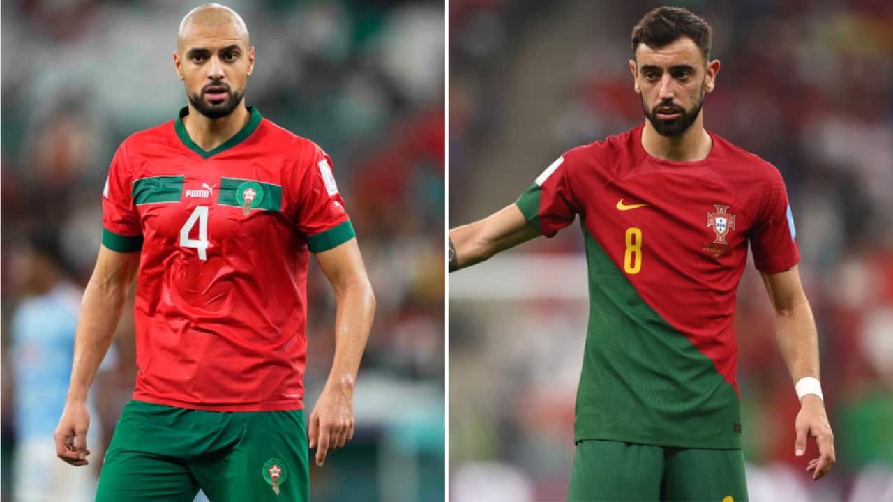 Sofyan Amrabat of Morocco and Portugal's Bruno Fernandes