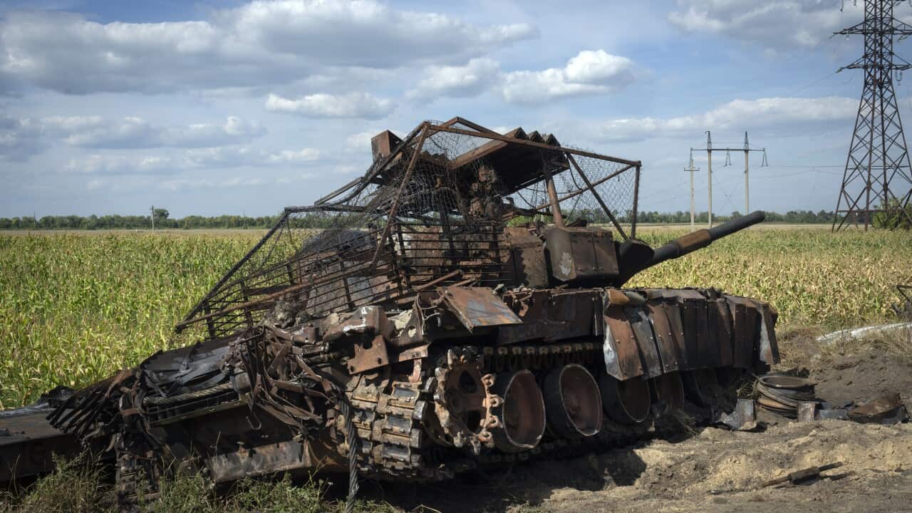 A destroyed Russian military tank.