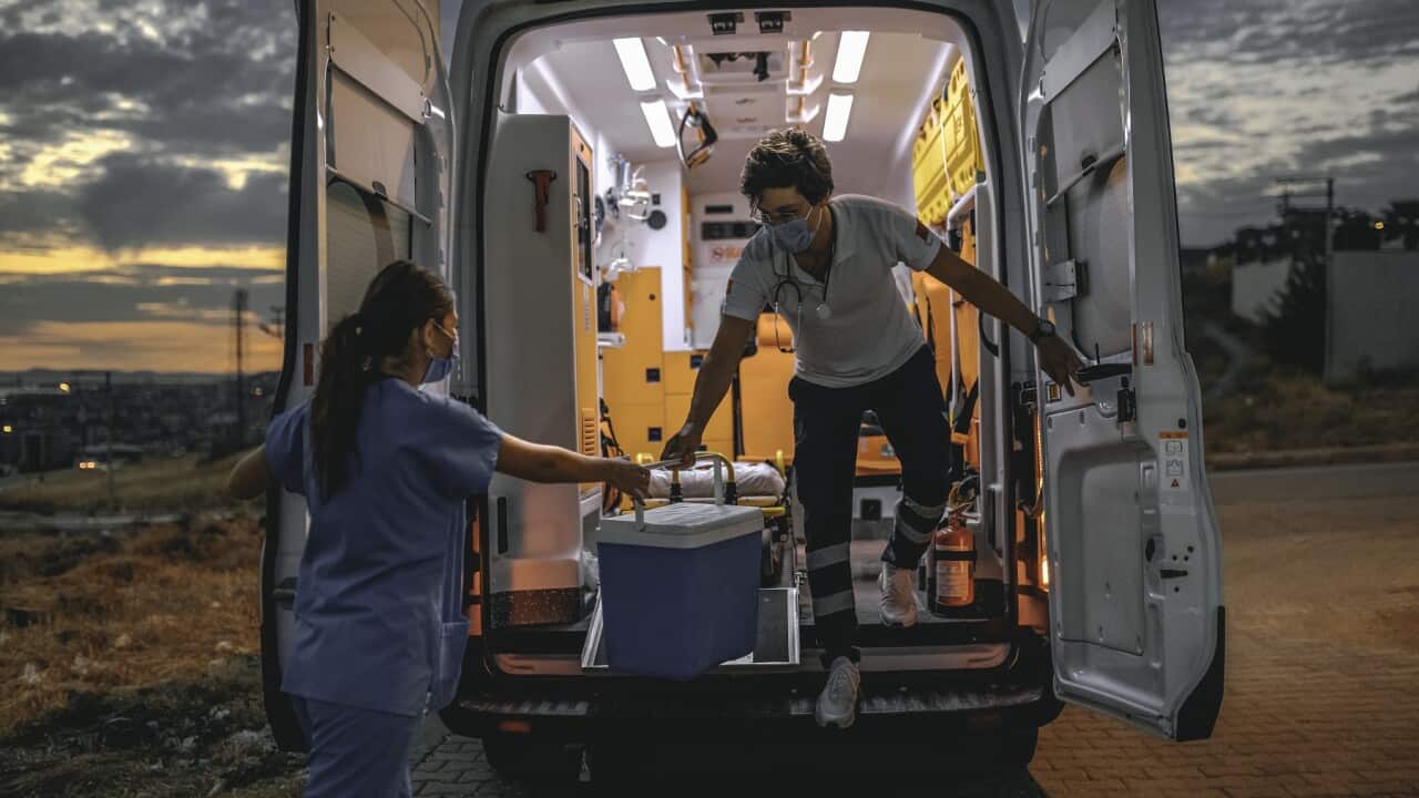 Medical team in a hurry carrying organ transplants box by ambulance during pandemic