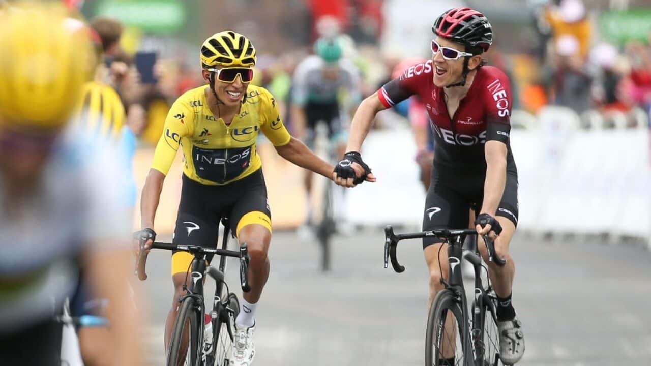 Geraint Thomas celebrates his team-mate Egan Bernal's historic victory at Tour de France 2019