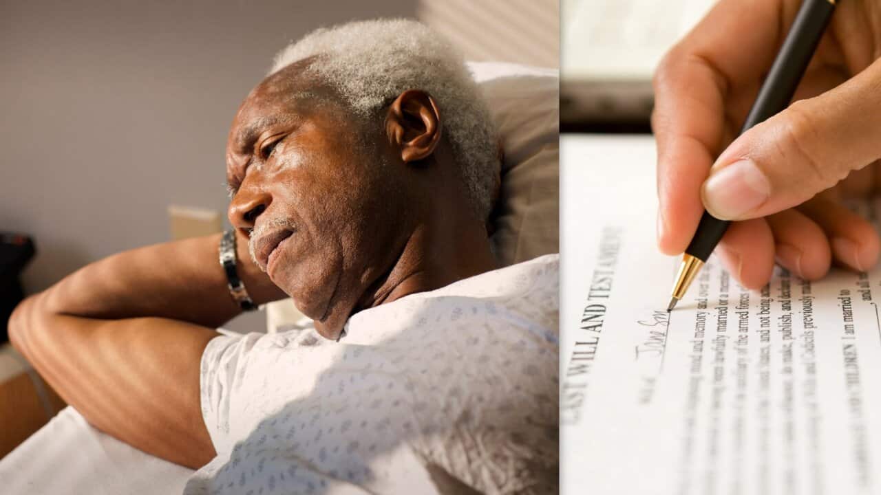 On the left, an old man laying down in a hospital while on the right a man is completing a last will and testament .