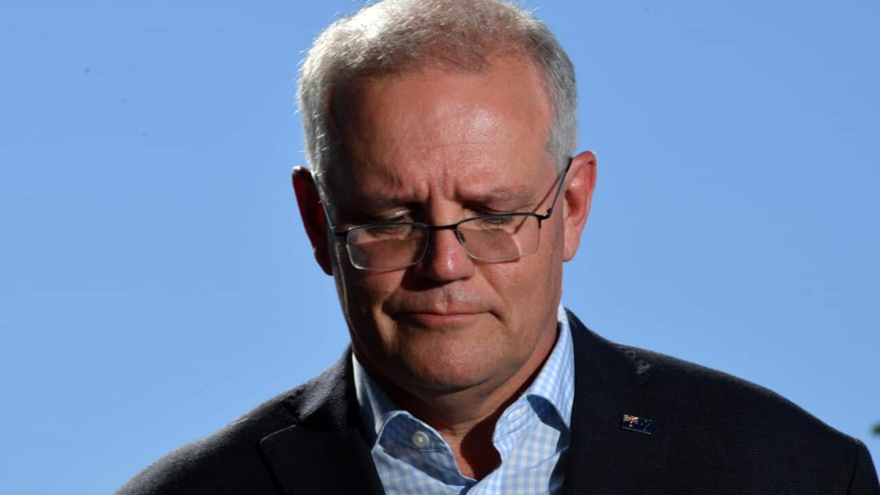 Prime Minister Scott Morrison at a press conference on Day 6 of the 2022 federal election campaign, in Melbourne. Saturday, April 16, 2022. (AAP Image/Mick Tsikas) NO ARCHIVING
