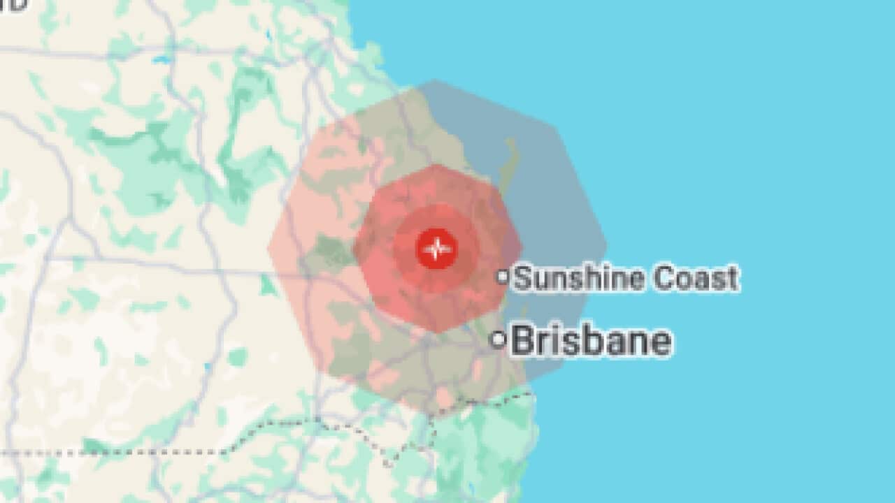 A map of Queensland showing an earthquake in the south east