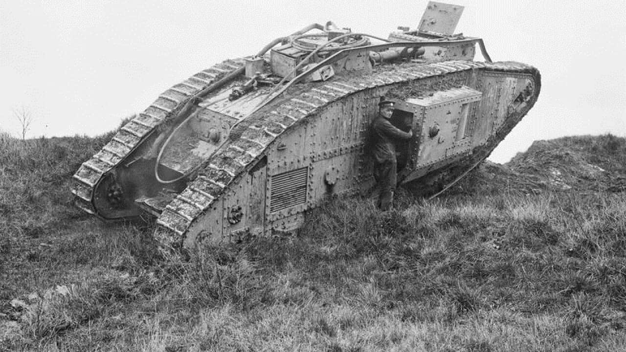 A tank used in the Battle of Amiens, Aug 8 1918.