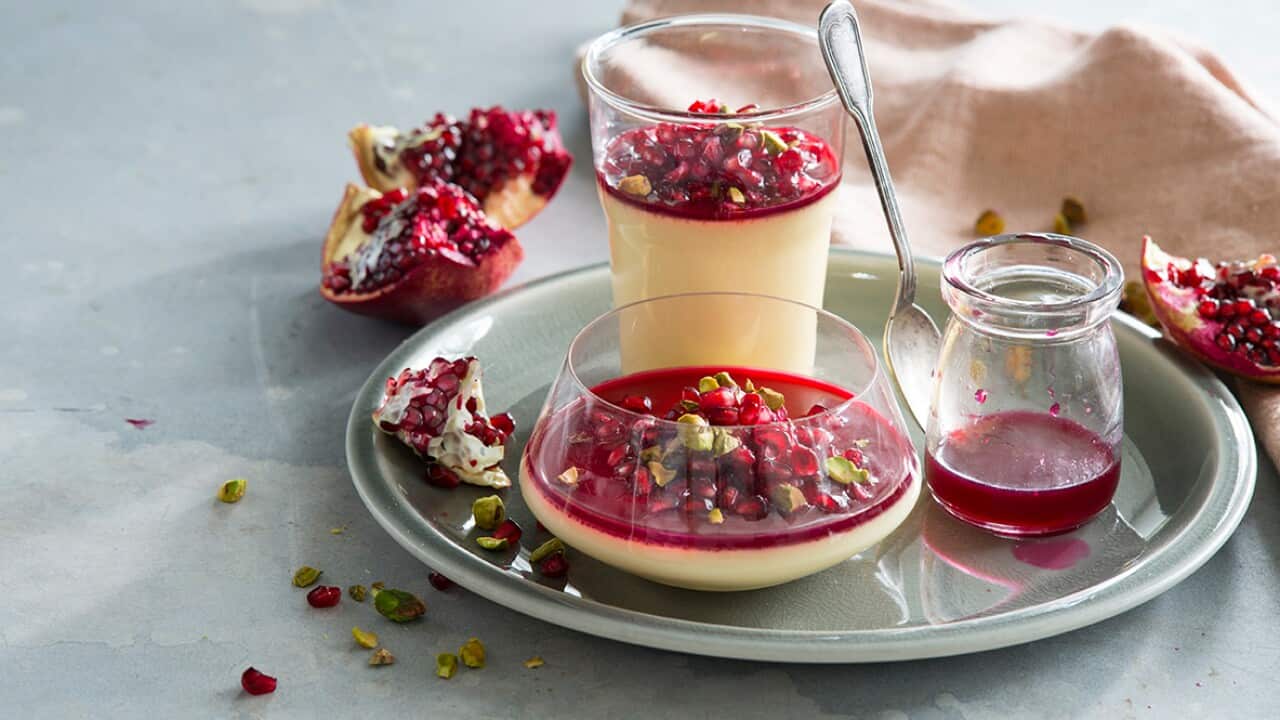 Pomegranate and rosewater caked custard