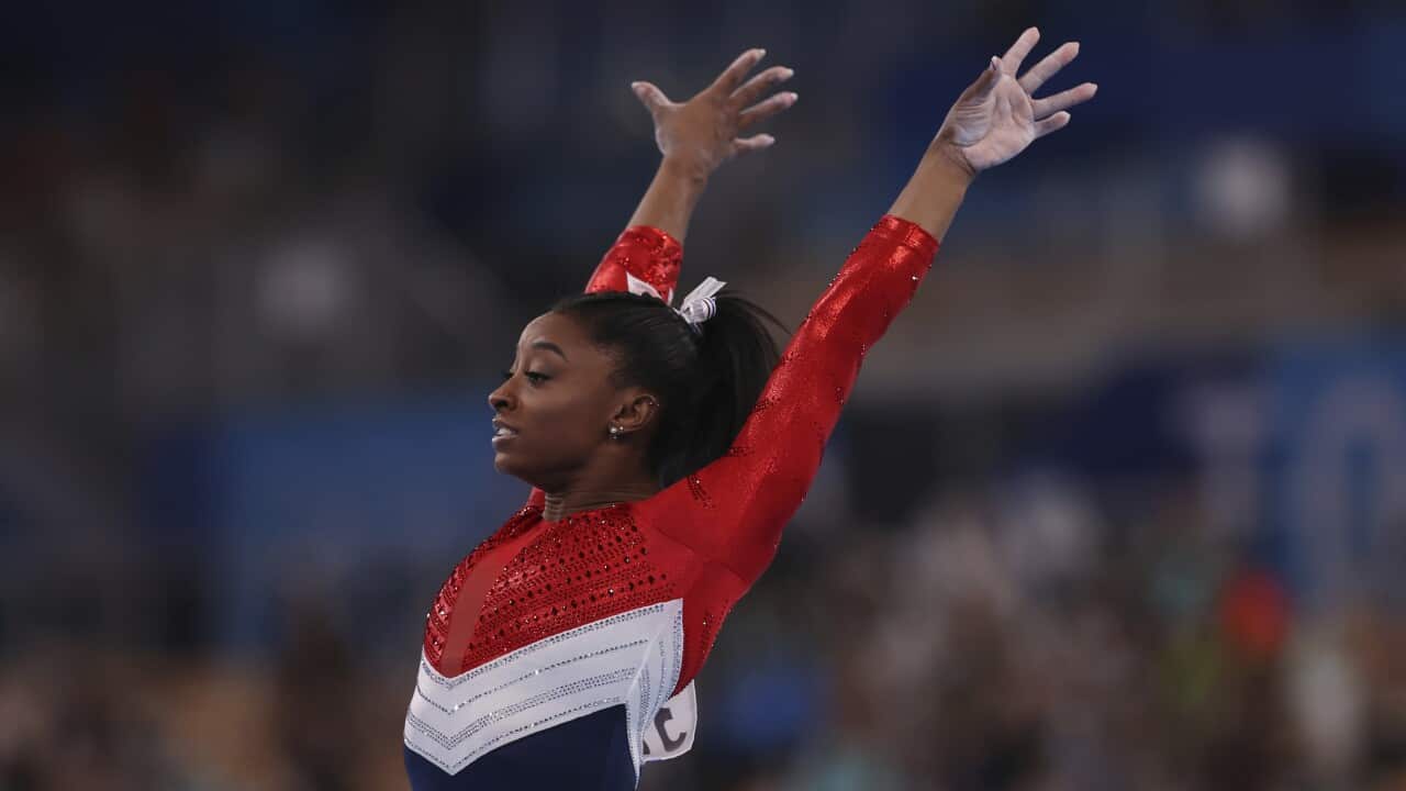 Simone Biles in the artistic gymnastics women's team final in Tokyo on July 27, 2021.