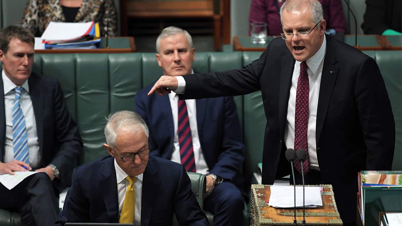 Federal Treasurer Scott Morrison at the dispatch box with Australian Prime Minister Malcolm Turnbull.