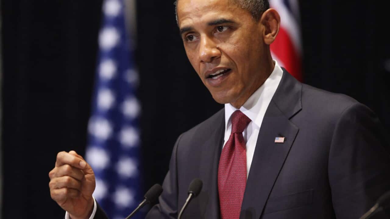 US President Barack Obama delivers a speech at a press conference in Canberra. (AAP)