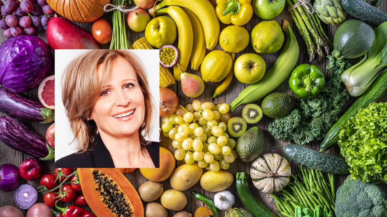 Colorful vegetables and fruits vegan food in rainbow colors