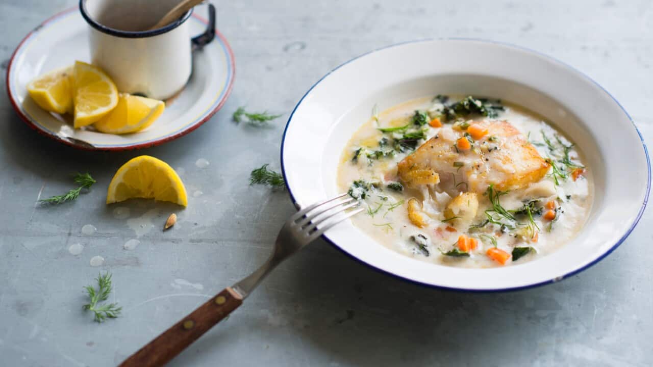 Pan-fried fish with avgolemono braised greens