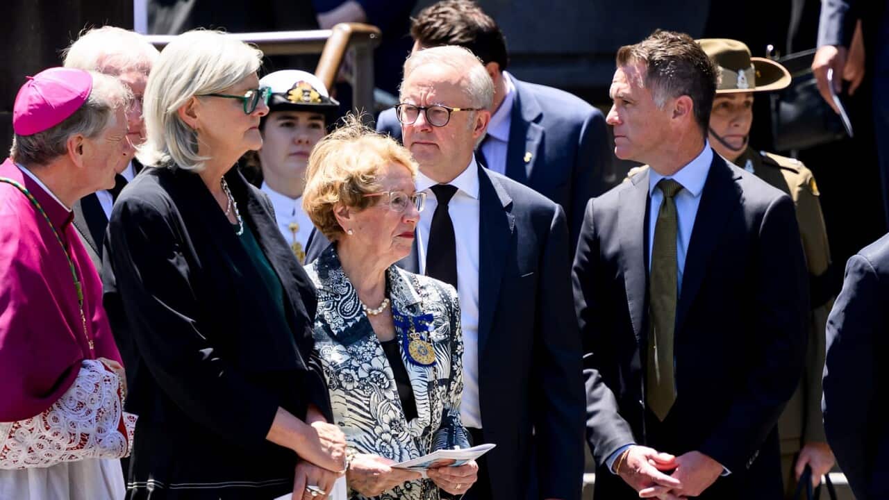 Governor-General of Australia Sam Mostyn, Governor-General of NSW Margaret Beazley, Prime Minister Anthony Albanese and NSW Premier Chris Minns at the funeral of Bondi victim Peter Meagher.jpg