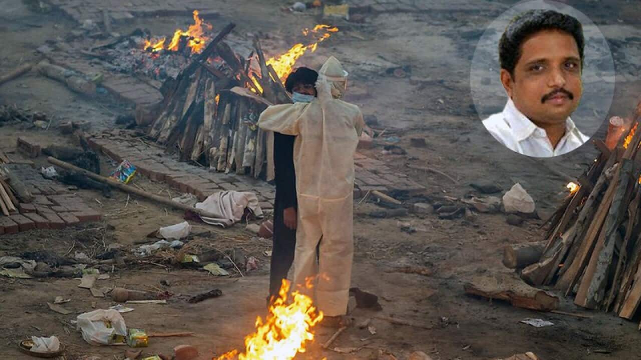 Family members embrace amid burning pyres of victims who lost their lives due to COVID-19 at a cremation ground in New Delhi (26 Apr'21); inset: Su.Venkatesan.