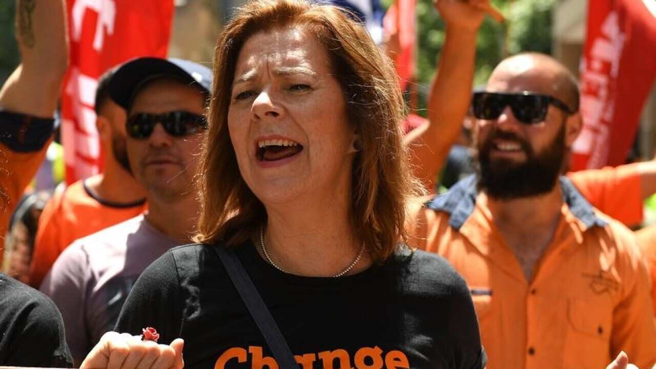 ACTU President Michele O'Neil leading the 'Change the Rules' rally.