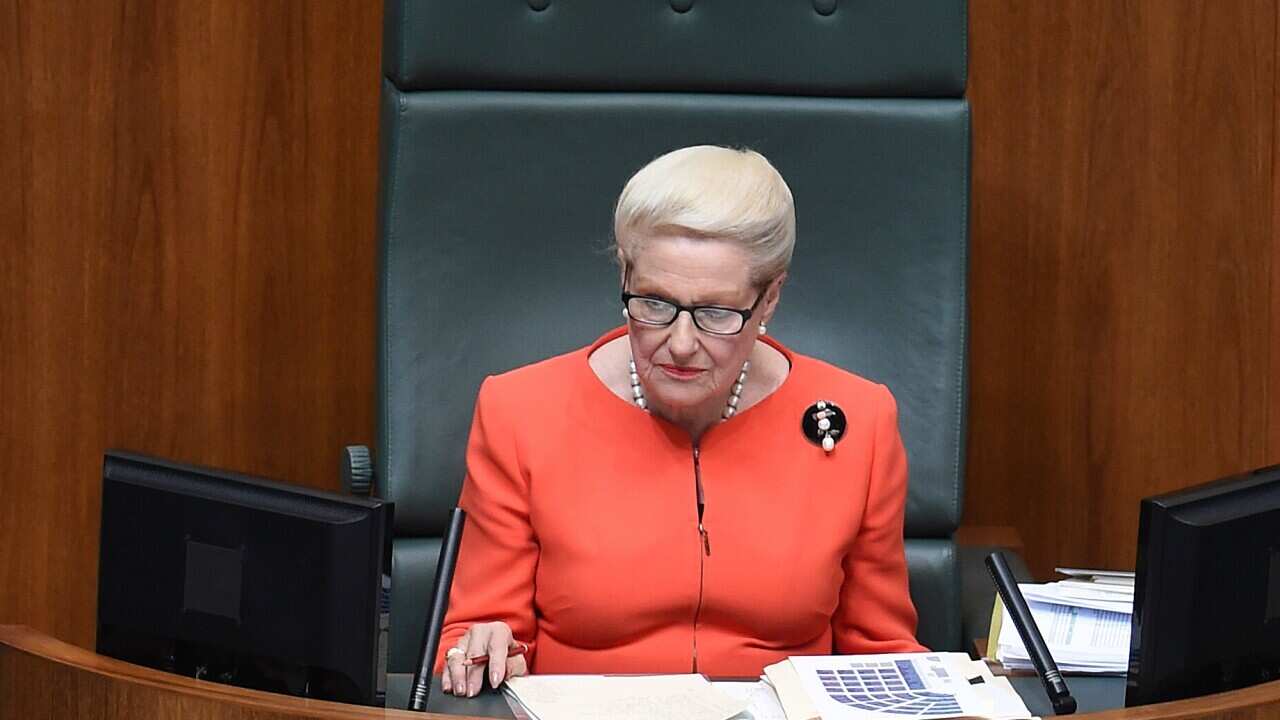 Speaker Bronwyn Bishop eyes the treasury benches  during Question Time in the House of Representatives at Parliament House in Canberra, Thursday, Nov. 27, 2014. (AAP Image/Lukas Coch) NO ARCHIVING
