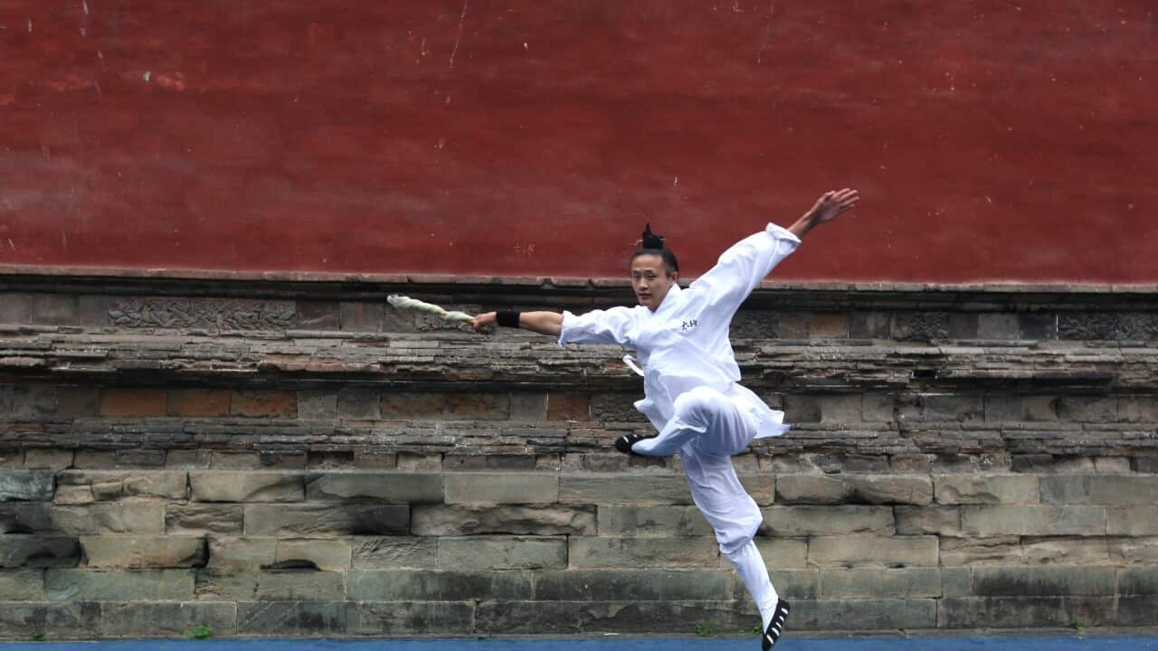 A Chinese martial arts disciple performs Wudang Wushu.