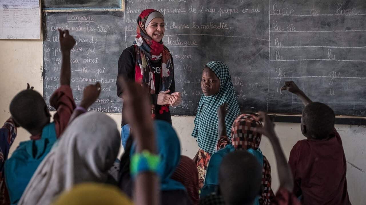 Syrian refugee and education activist Muzoon Almellehan the Kousseri internally displaced peoples site in the Lake Region, Chad,